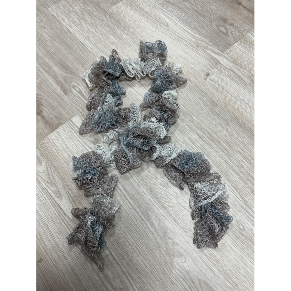 Handmade Metallic Ruffle Scarf Silver Taupe Blue Crochet Open Knit Mesh 57in